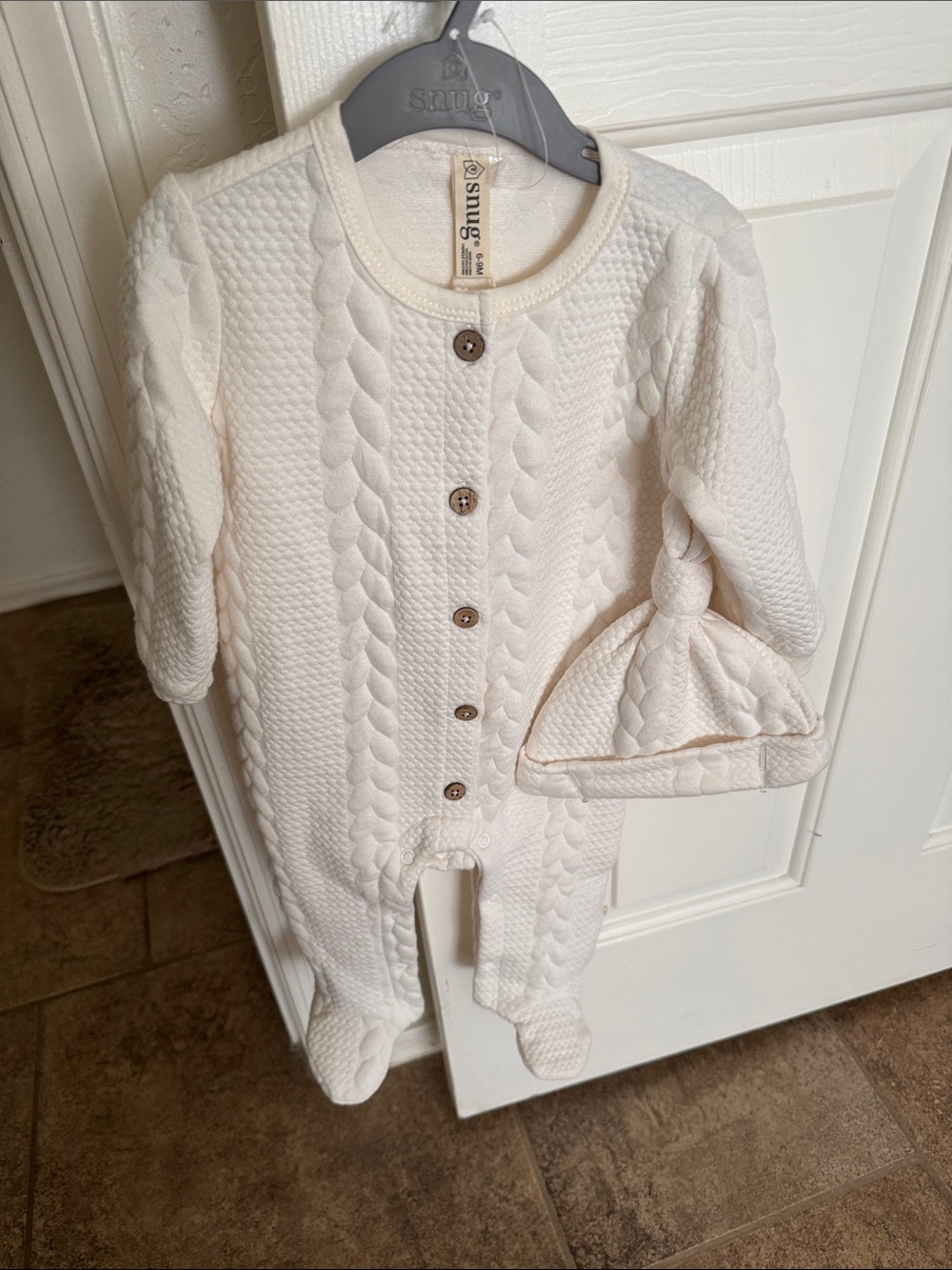 Snug Cream Cable-Knit Baby One-Piece with Hat